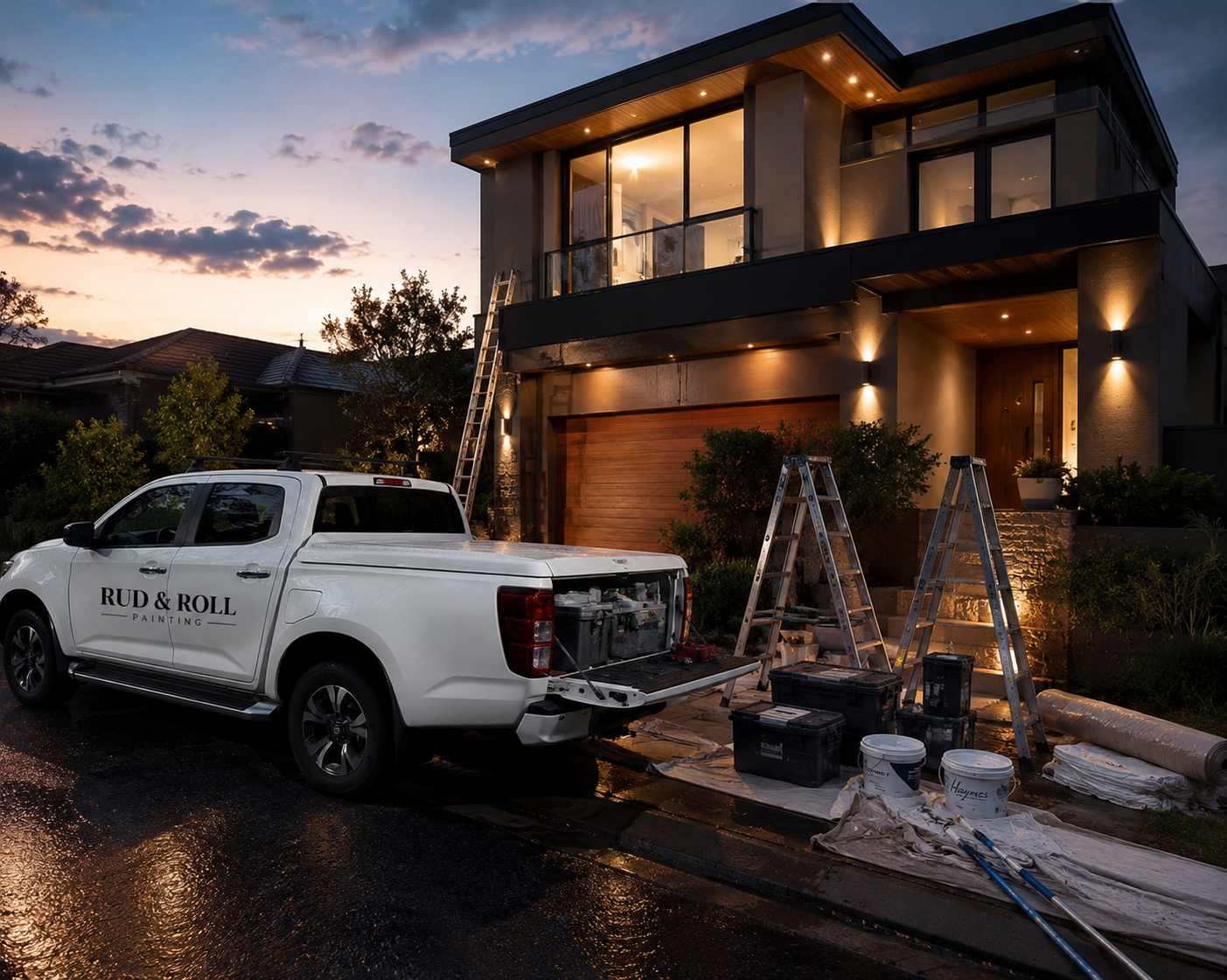 Rud and Roll Painting work vehicle outside a premium Melbourne home
